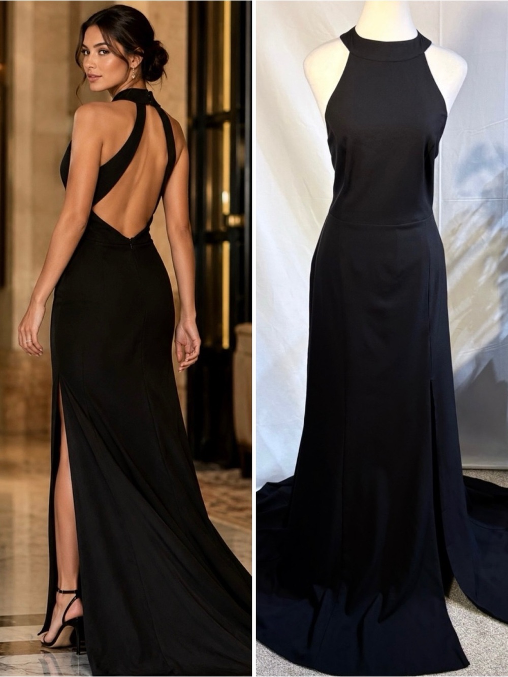 💥BHLDN Serephina Black Crepe Backless Halter Maxi Gown Side Slit Sz 12🧡